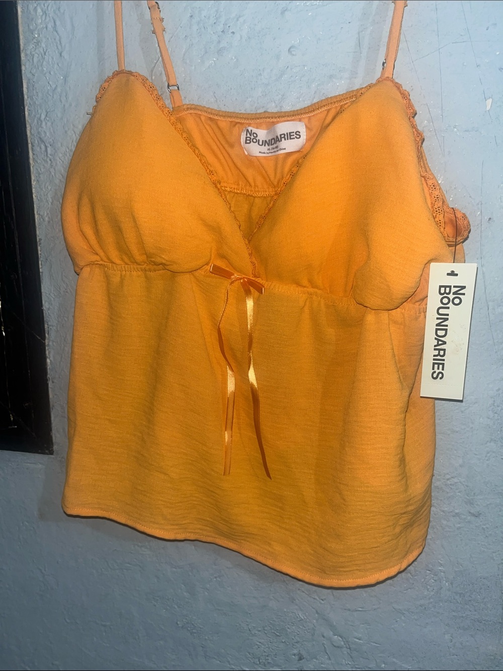 No Boundaries Orange Lace-Trim Ribbon Tie Spaghetti Strap Cami top